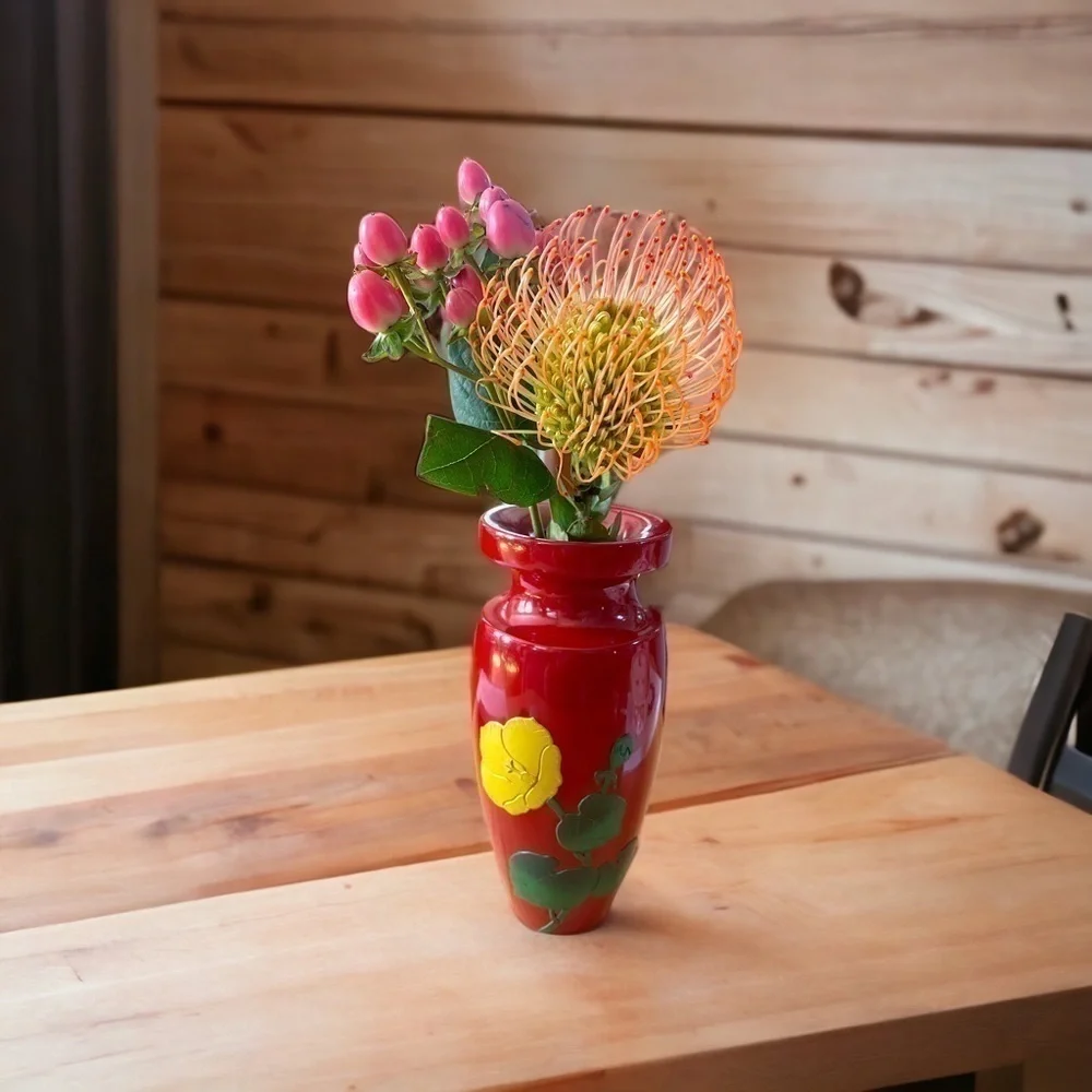BEAUTIFUL Asian inspired carved wooden vase, lacquered, excellent condition